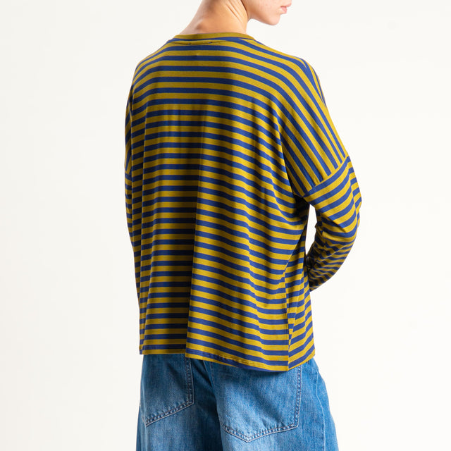 Zeroassoluto-T-shirt a righe scollo a v in jersey - blu/foglia