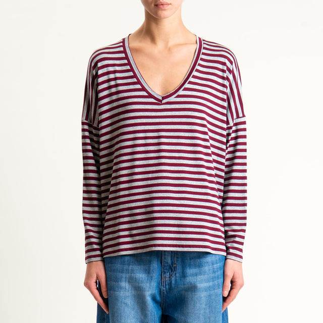 Zeroassoluto-T-shirt a righe scollo a v in jersey - vino/grigio melange