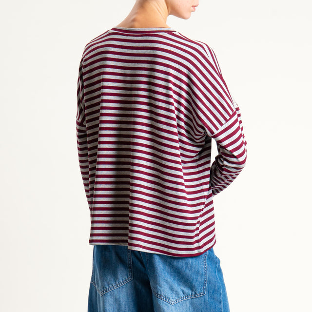 Zeroassoluto-T-shirt a righe scollo a v in jersey - vino/grigio melange