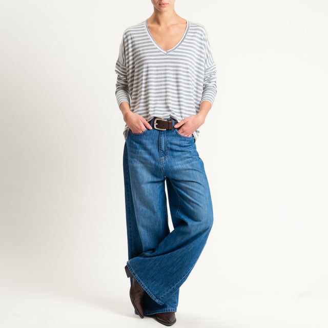 Zeroassoluto-T-shirt a righe scollo a v in jersey - latte/grigio melange
