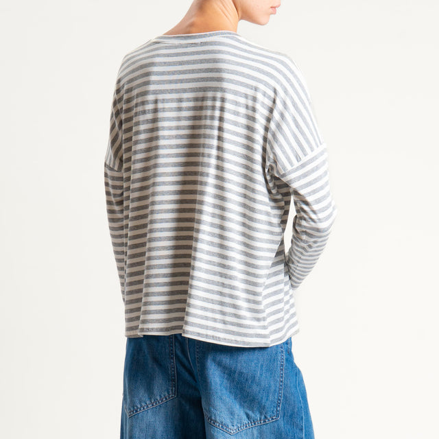 Zeroassoluto-T-shirt a righe scollo a v in jersey - latte/grigio melange