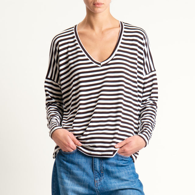 Zeroassoluto-T-shirt a righe scollo a v in jersey - latte/moro