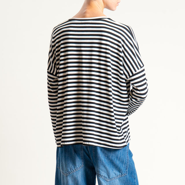 Zeroassoluto-T-shirt a righe scollo a v in jersey - latte/nero