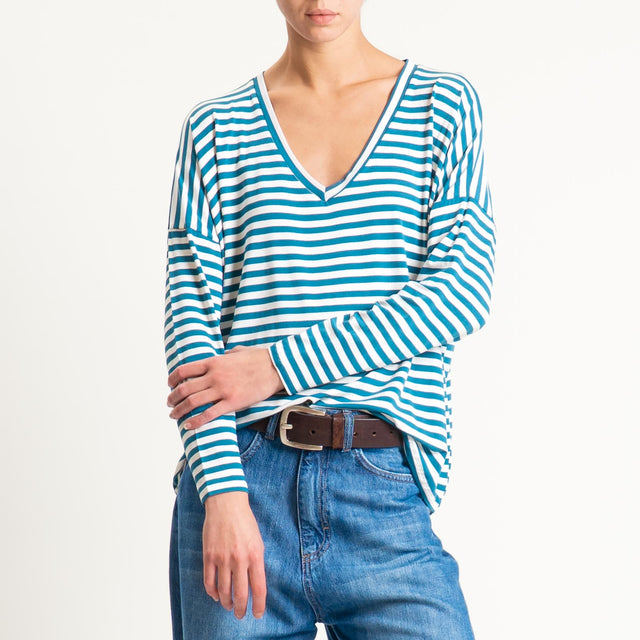 Zeroassoluto-T-shirt a righe scollo a v in jersey - ottanio/latte