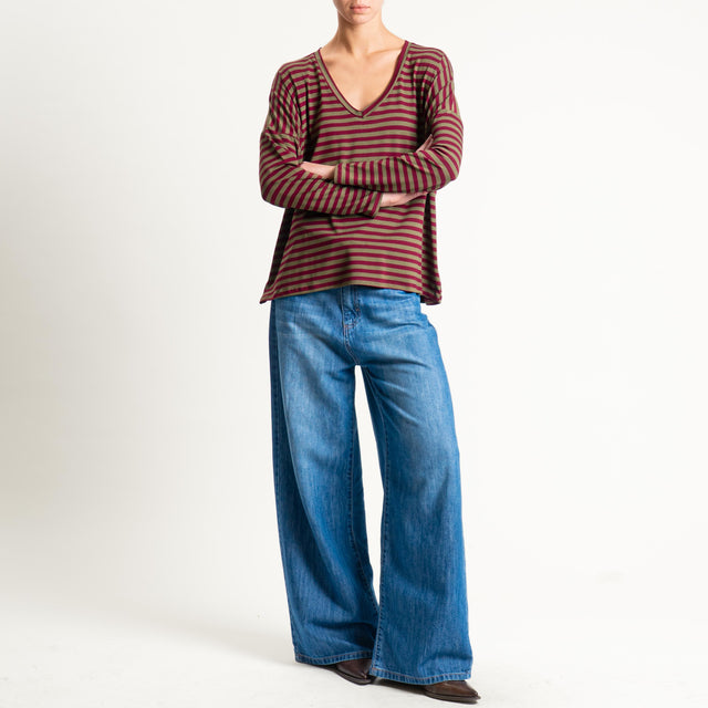 Zeroassoluto-T-shirt a righe scollo a v in jersey - militare/vino