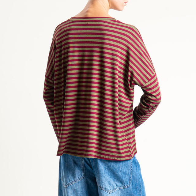 Zeroassoluto-T-shirt a righe scollo a v in jersey - militare/vino