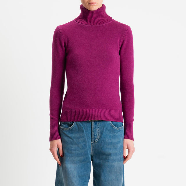 Zeroassoluto-Maglia collo alto doppio filo bordi a coste - ciclamino