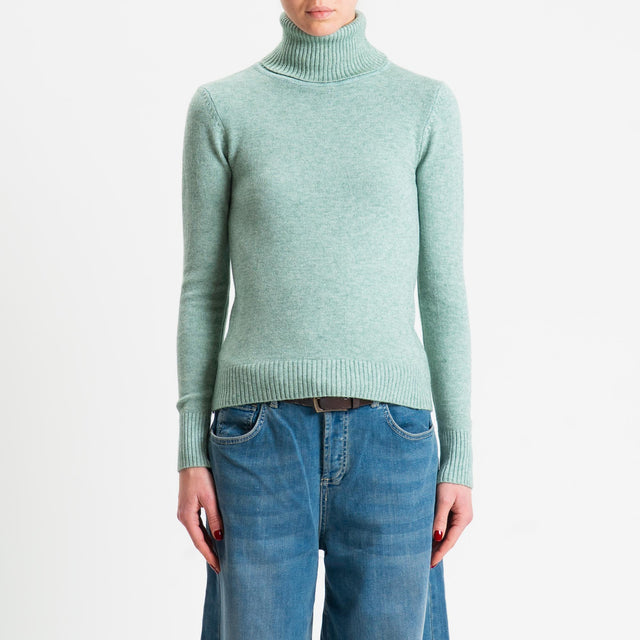 Zeroassoluto-Maglia collo alto doppio filo bordi a coste - salvia