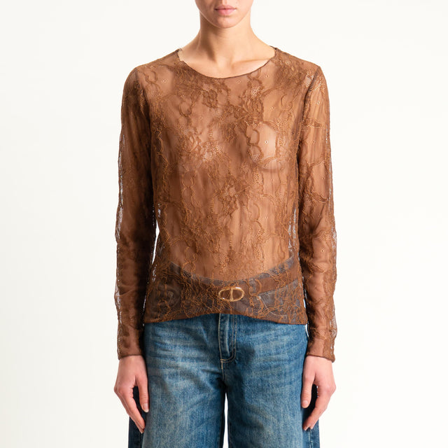 Zeroassoluto-Blusa in pizzo elasticizzato - cuoio