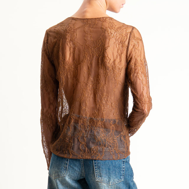 Zeroassoluto-Blusa in pizzo elasticizzato - cuoio