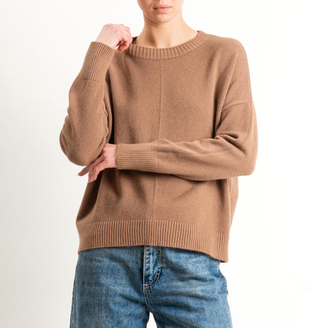 Zeroassoluto-Maglia scatola girocollo riga centrale - camel