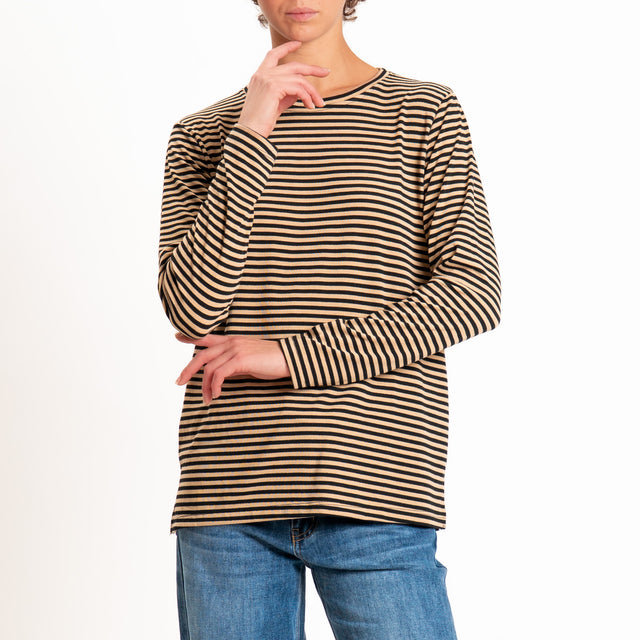 Zeroassoluto-T-shirt girocollo righe in jersey - beige/nero