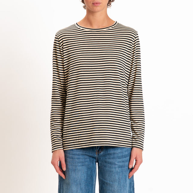 Zeroassoluto-T-shirt girocollo righe in jersey - burro/nero