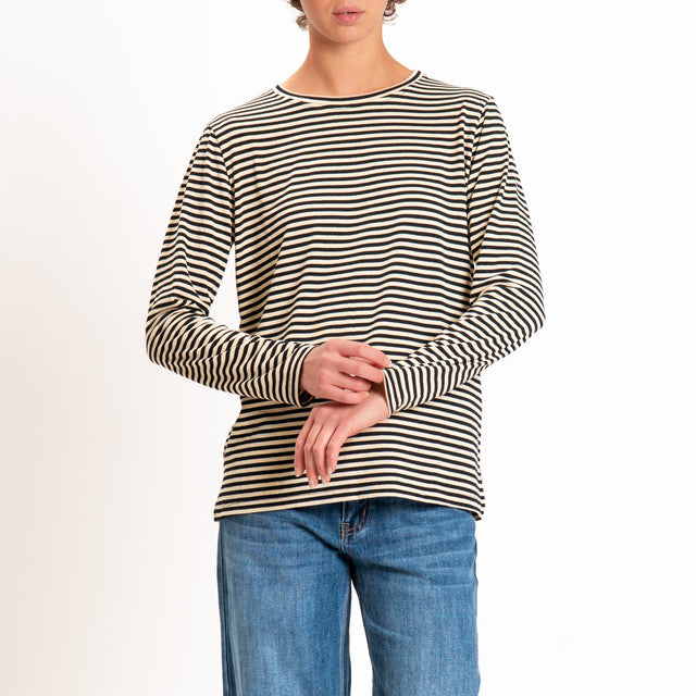 Zeroassoluto-T-shirt girocollo righe in jersey - burro/nero
