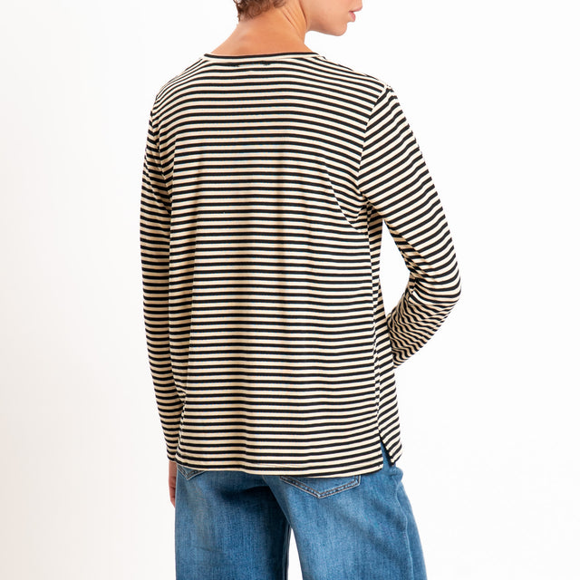 Zeroassoluto-T-shirt girocollo righe in jersey - burro/nero