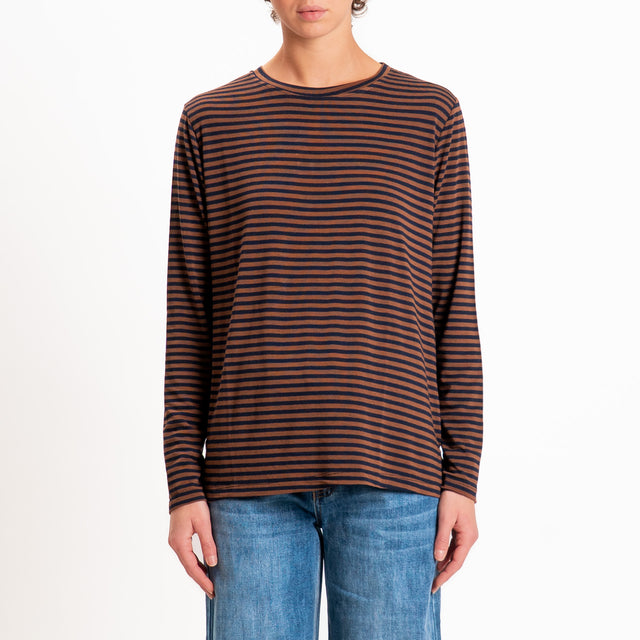 Zeroassoluto-T-shirt girocollo righe in jersey - tabacco/blu