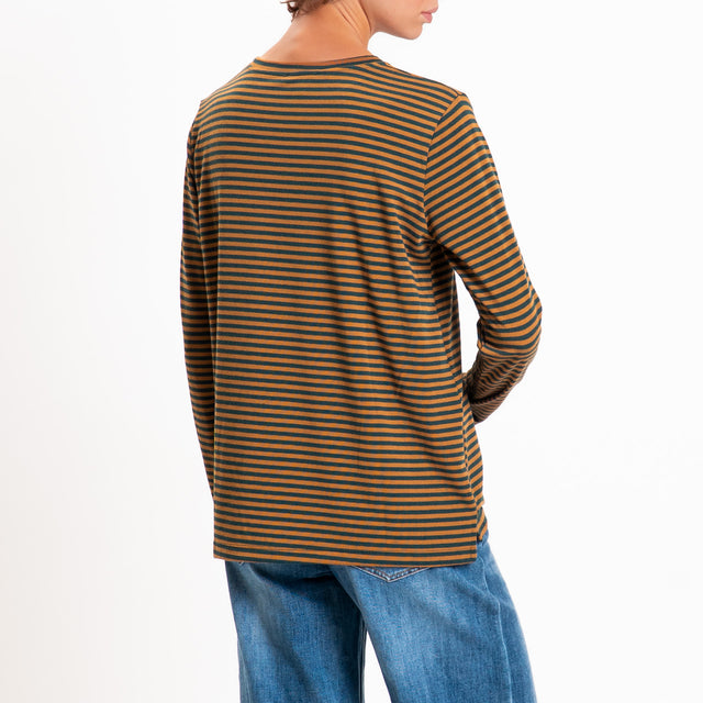 Zeroassoluto-T-shirt girocollo righe in jersey - verde/cuoio