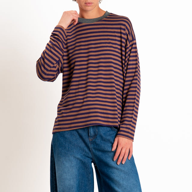 Zeroassoluto-T-shirt girocollo riga fina - grigio/viola/tabacco
