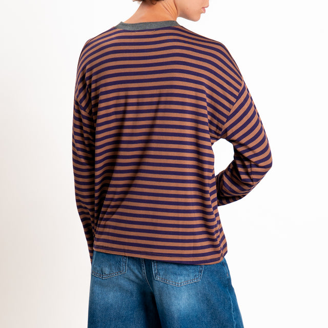 Zeroassoluto-T-shirt girocollo riga fina - grigio/viola/tabacco