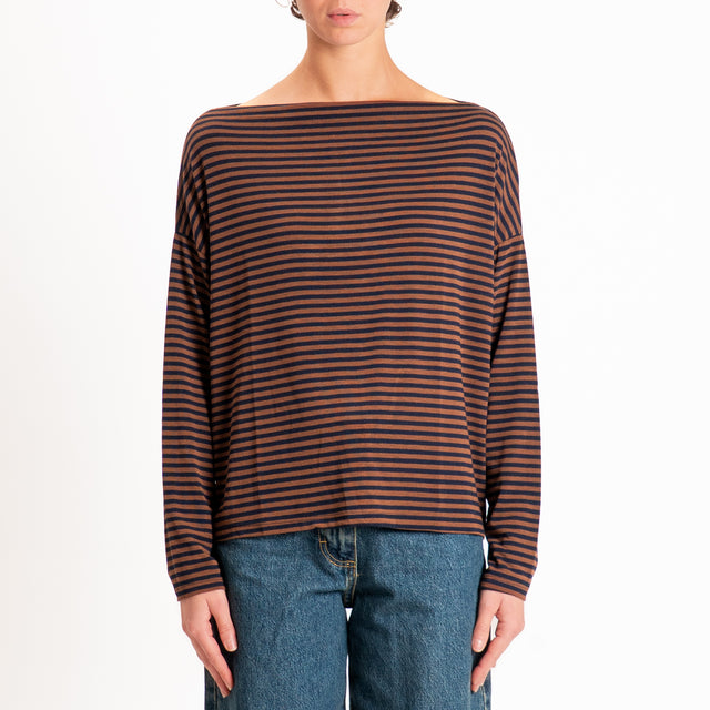 Zeroassoluto-T-shirt CLOE righe in jersey elastici - tabacco/blu