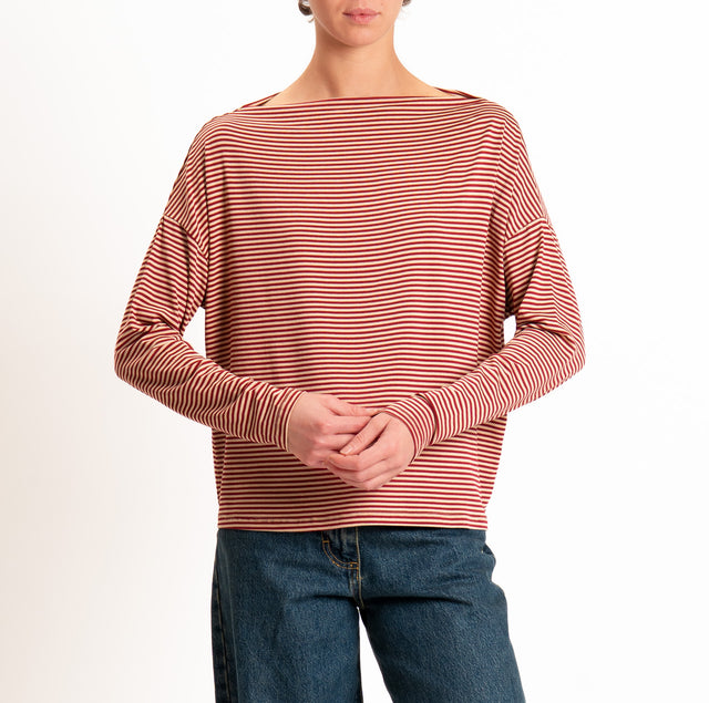 Zeroassoluto-T-shirt CLOE righe in jersey elasticizzato - beige/rubino