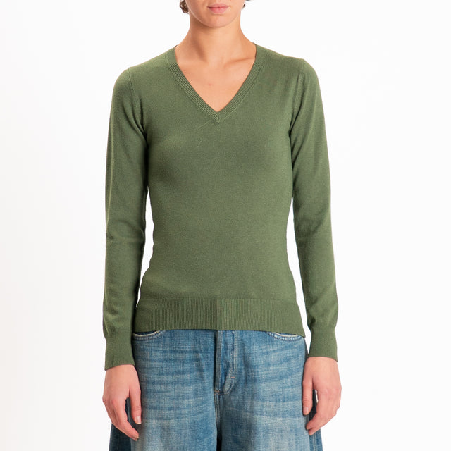 Zeroassoluto-Maglia scollo v bordi a coste - militare