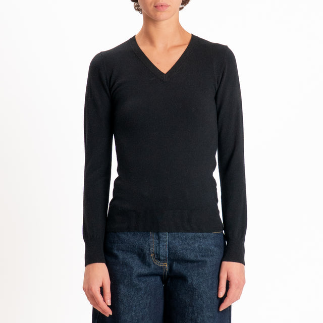 Zeroassoluto-Maglia scollo v bordi a coste - Nero