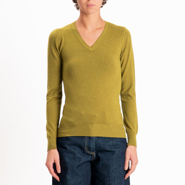 Zeroassoluto-Maglia scollo v bordi a coste - olio