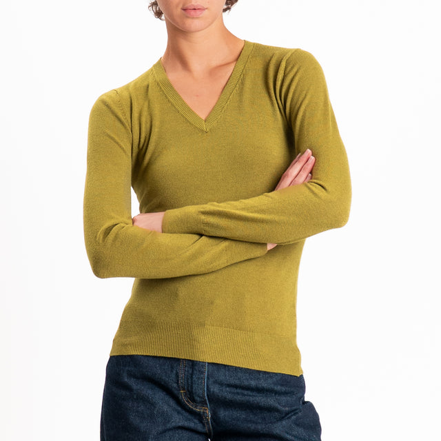 Zeroassoluto-Maglia scollo v bordi a coste - olio