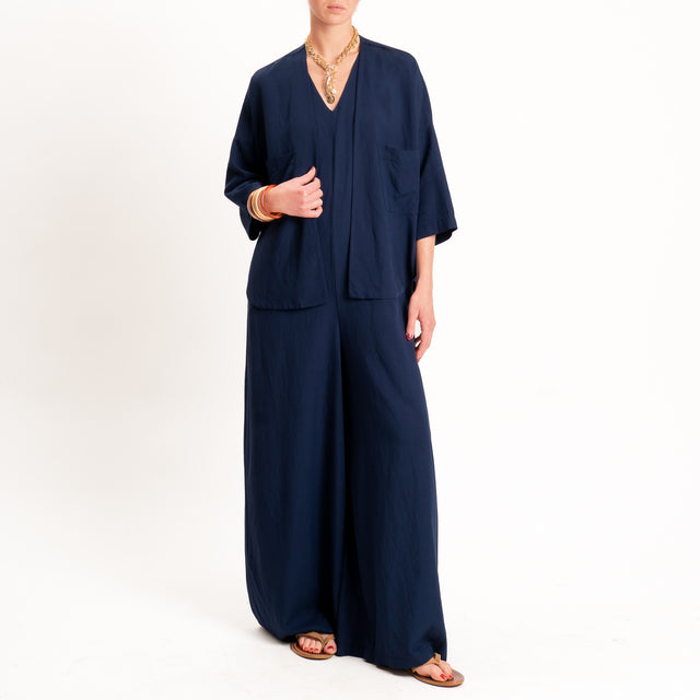 Zeroassoluto-Tuta ALVI misto lino scollo v - blu
