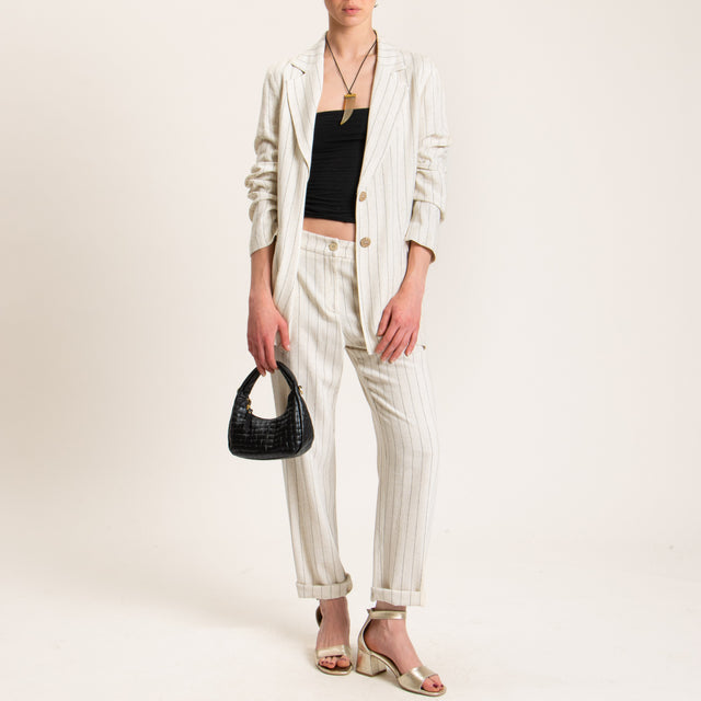 Zeroassoluto-Pantalone BEA gessato misto lino - burro/nero