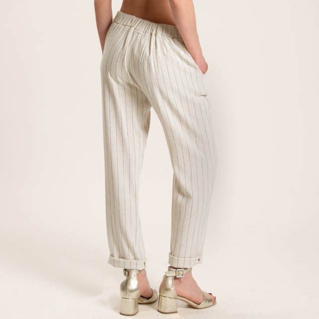 Zeroassoluto-Pantalone BEA gessato misto lino - burro/nero