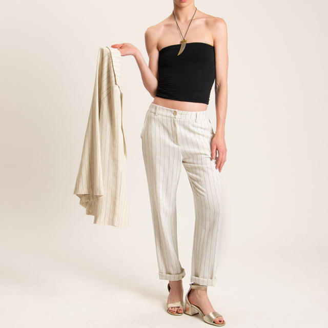 Zeroassoluto-Pantalone BEA gessato misto lino - burro/nero