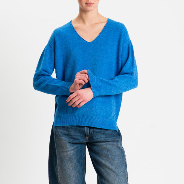 Zeroassoluto-Maglia soft hand scollo v spacchi laterali - denim