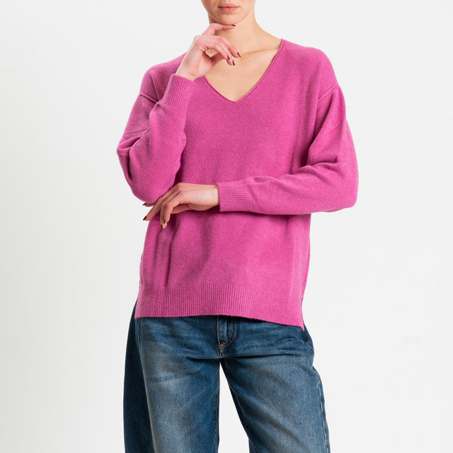 Zeroassoluto-Maglia soft hand scollo v spacchi laterali - malva