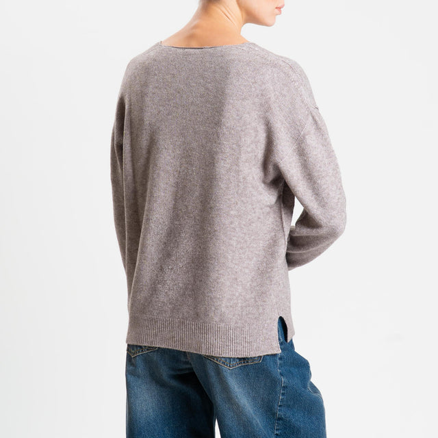 Zeroassoluto-Maglia soft hand scollo v spacchi laterali - taupe