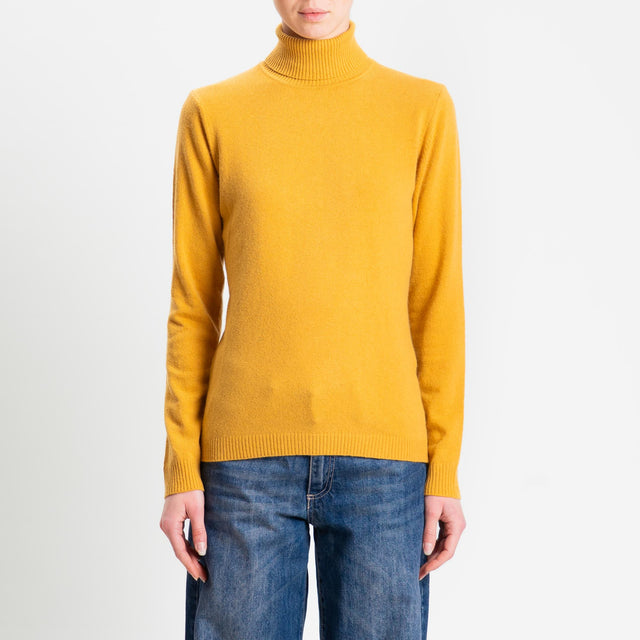 Zeroassoluto-Maglia misto cashmere collo alto bordi a coste - ocra