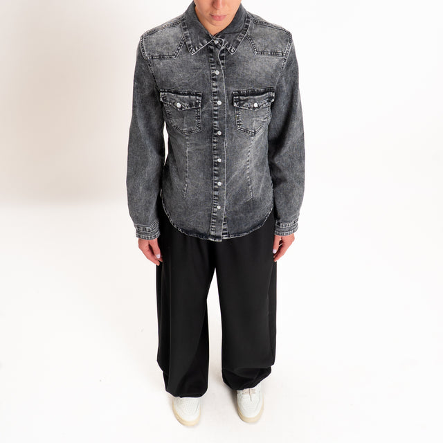 Zeroassoluto-Camicia slim fit tela denim elasticiz - denim nero