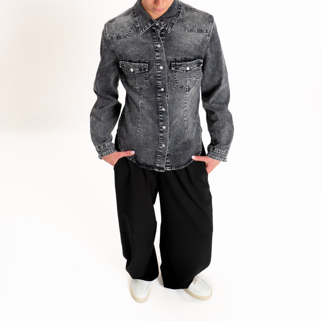 Zeroassoluto-Camicia slim fit tela denim elasticiz - denim nero