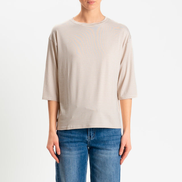 Zeroassoluto-T-shirt CLARY righe in jersey girocollo manica 3/4 - beige/latte