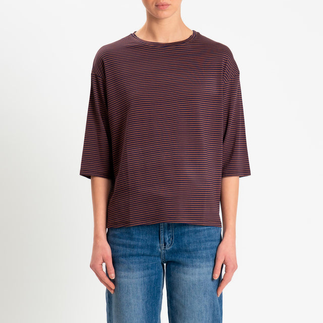 Zeroassoluto-T-shirt CLARY righe in jersey girocollo manica 3/4 - blu/tabacco