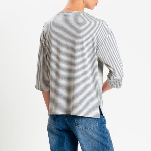 Zeroassoluto-T-shirt CLARY righe in jersey girocollo manica 3/4 - grigio melange/latte