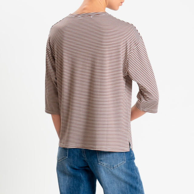Zeroassoluto-T-shirt CLARY righe in jersey girocollo manica 3/4 - tabacco/latte