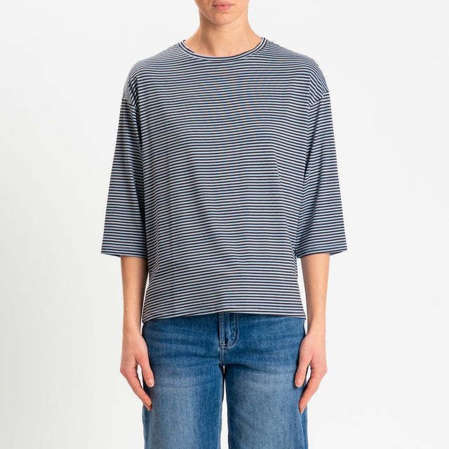 Zeroassoluto-T-shirt CLARY righe in jersey girocollo manica 3/4 - moro/celeste