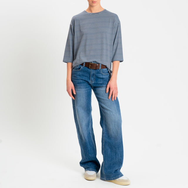 Zeroassoluto-T-shirt CLARY righe in jersey girocollo manica 3/4 - moro/celeste