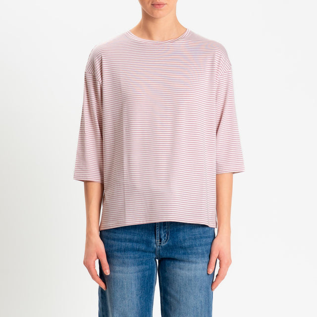 Zeroassoluto-T-shirt CLARY righe in jersey girocollo manica 3/4 - rosa/latte