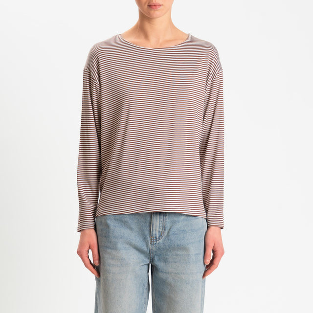 Zeroassoluto-T-shirt CLAUDE righe in jersey di vicosa elasticizzato - tabacco/latte