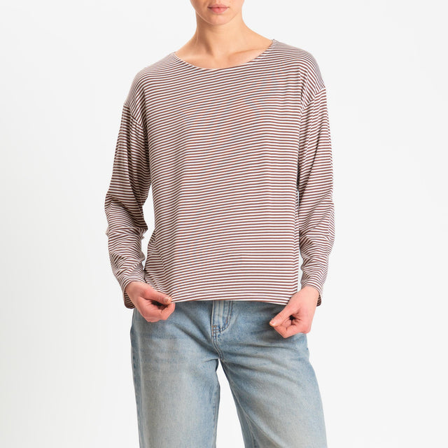 Zeroassoluto-T-shirt CLAUDE righe in jersey di vicosa elasticizzato - tabacco/latte