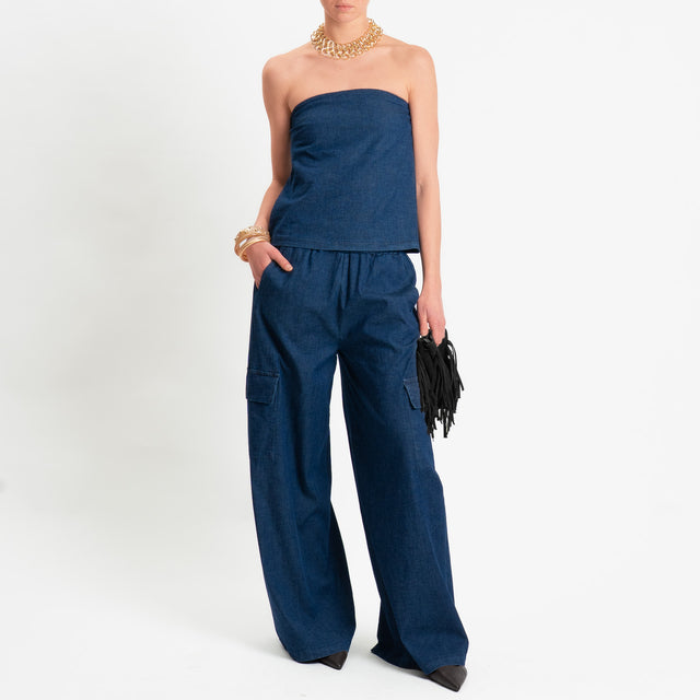 Zeroassoluto-Top a fascia chambray con elastico dietro - denim scuro
