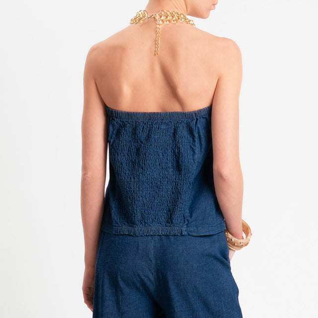 Zeroassoluto-Top a fascia chambray con elastico dietro - denim scuro